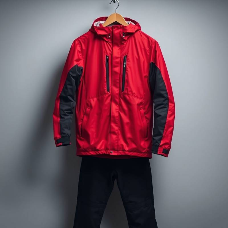 Chaqueta impermeable roja y pantalones de montaña negros colgados en una percha