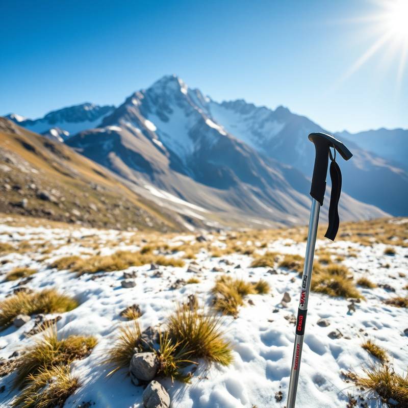 Dos bastones de trekking telescópicos de aluminio en un paisaje montañoso