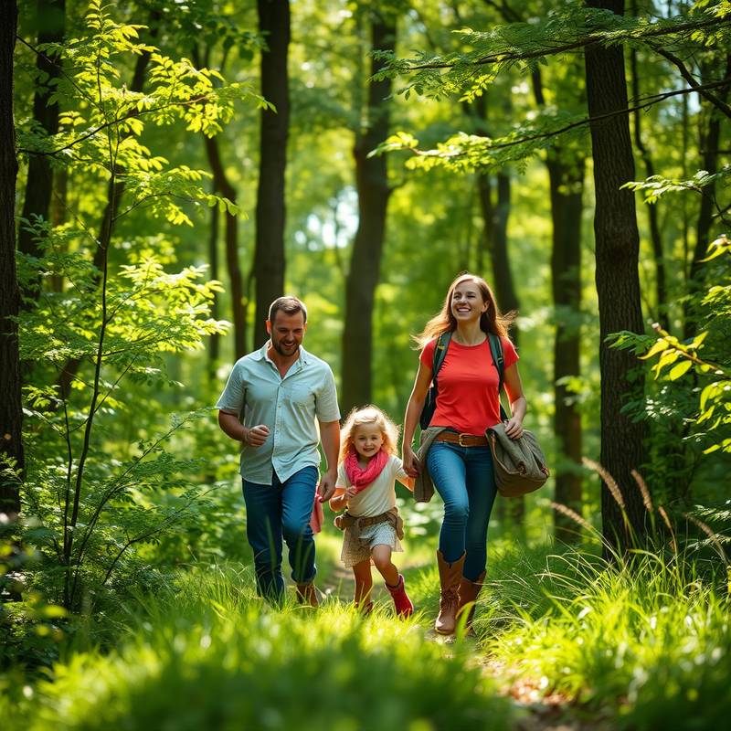 Familia disfrutando de una caminata de senderismo en un bosque frondoso