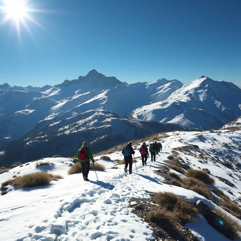 Grupo de senderistas caminando por un sendero nevado en Sierra Nevada