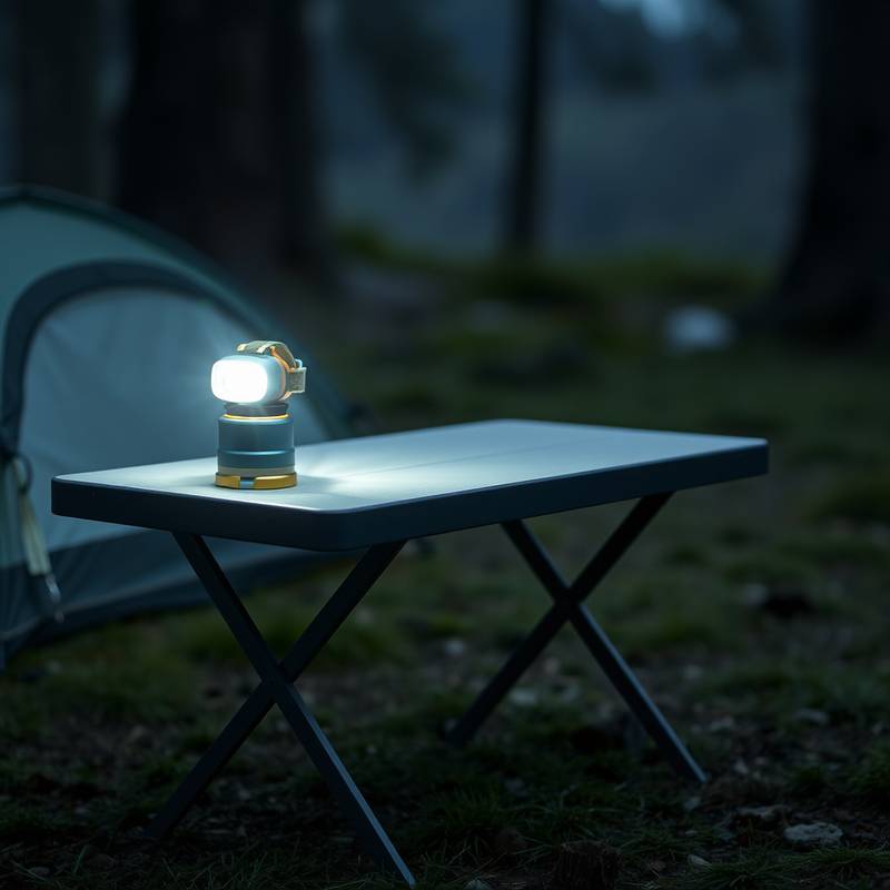 Linterna frontal LED encendida sobre una mesa de camping