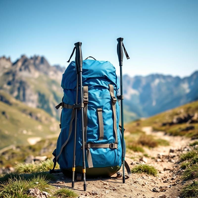 Mochila de senderismo azul con bastones de trekking adjuntos en un sendero