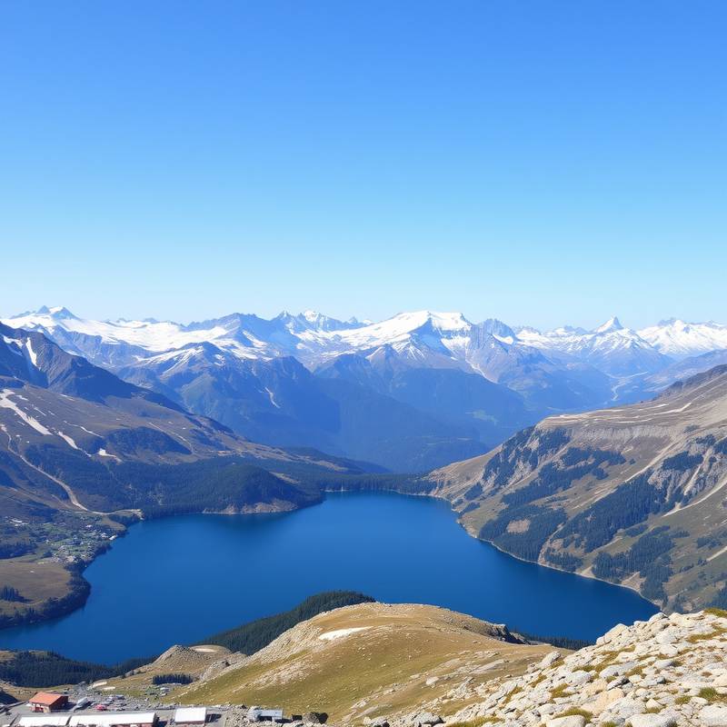 Paisaje alpino de los Pirineos con lagos de montaña y picos nevados al fondo