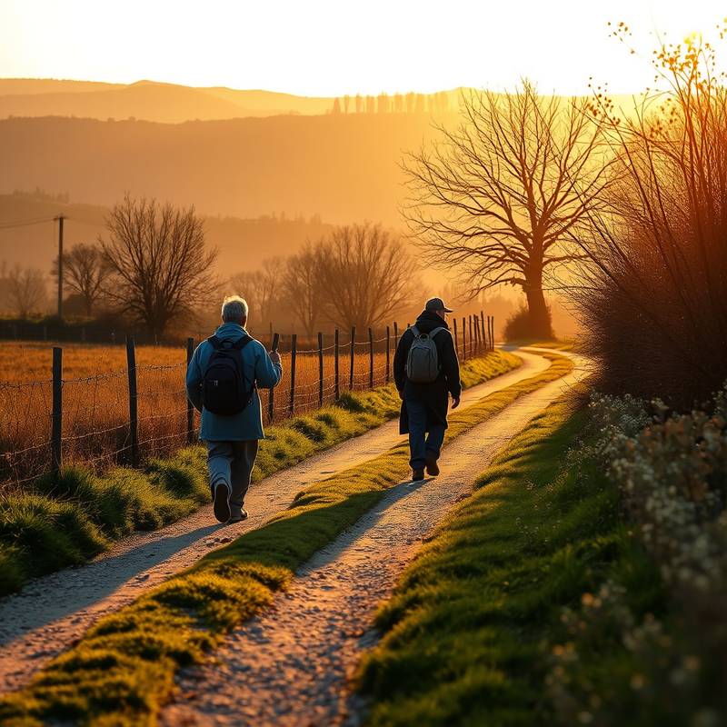 Peregrinos caminando al amanecer por un sendero rural en el Camino de Santiago, con la luz dorada iluminando el paisaje.