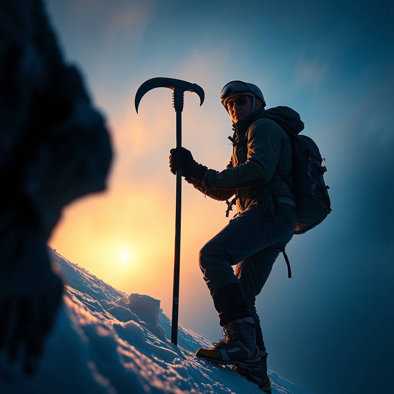Senderista escalando una ruta alpina con piolet y crampones