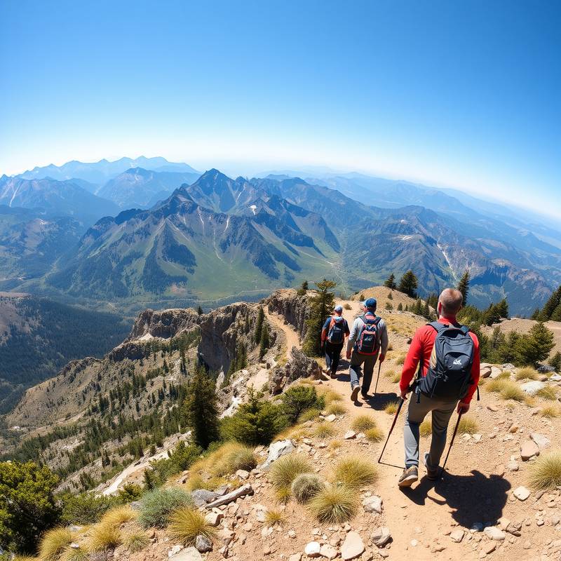 Senderistas caminando por un sendero de alta montaña en Sierra Nevada con vistas panorámicas