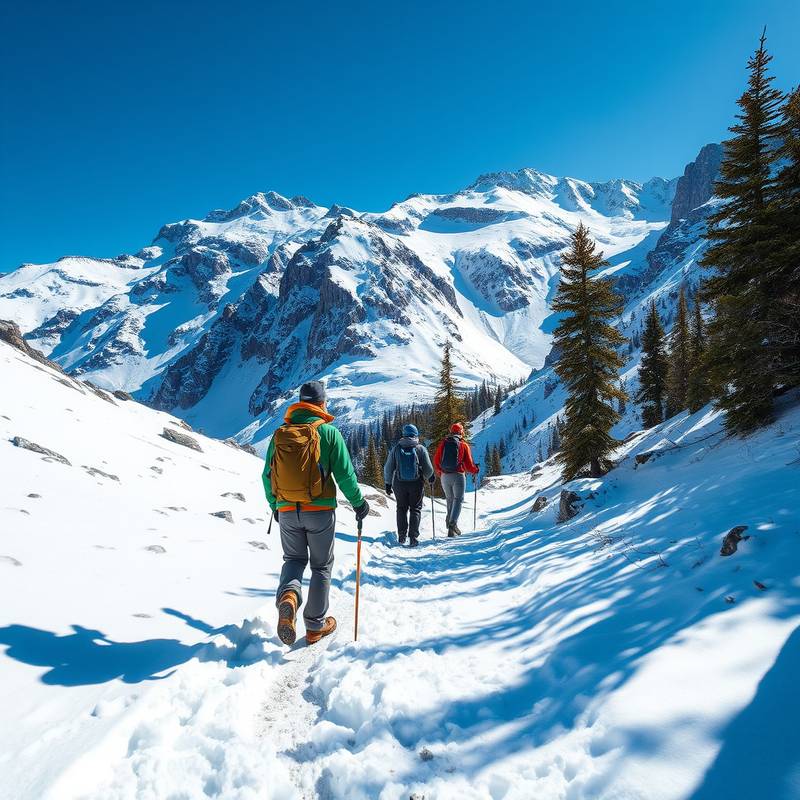 Senderistas caminando por un sendero nevado en Sierra Nevada bajo un cielo azul