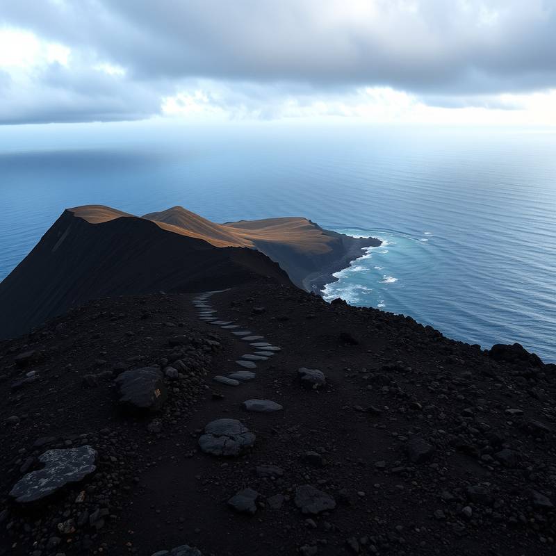 Sendero volcánico en las Islas Canarias con el Océano Atlántico de fondo