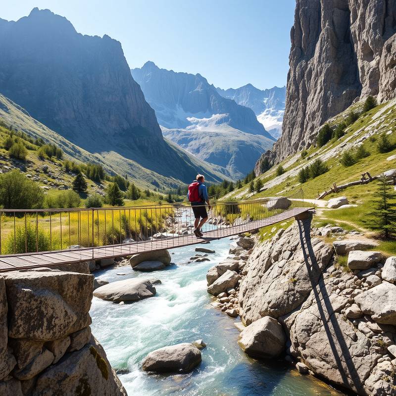 Un excursionista cruzando un puente colgante sobre un río de montaña en los Pirineos
