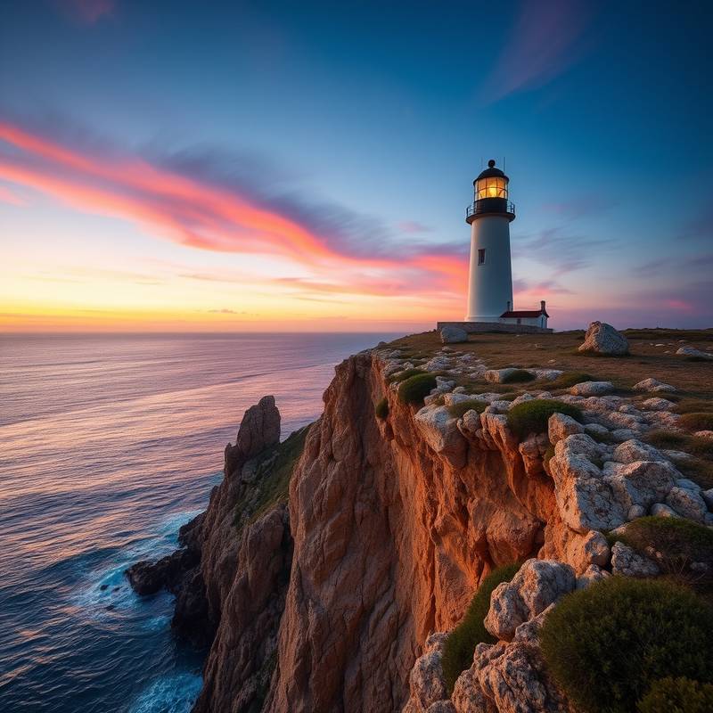 Un faro en un acantilado rocoso en la Costa Brava al atardecer