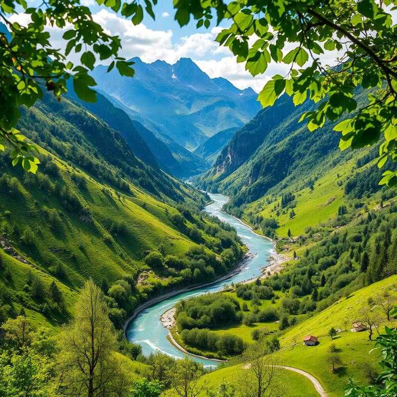 Un valle verde exuberante en los Pirineos con un río serpenteante