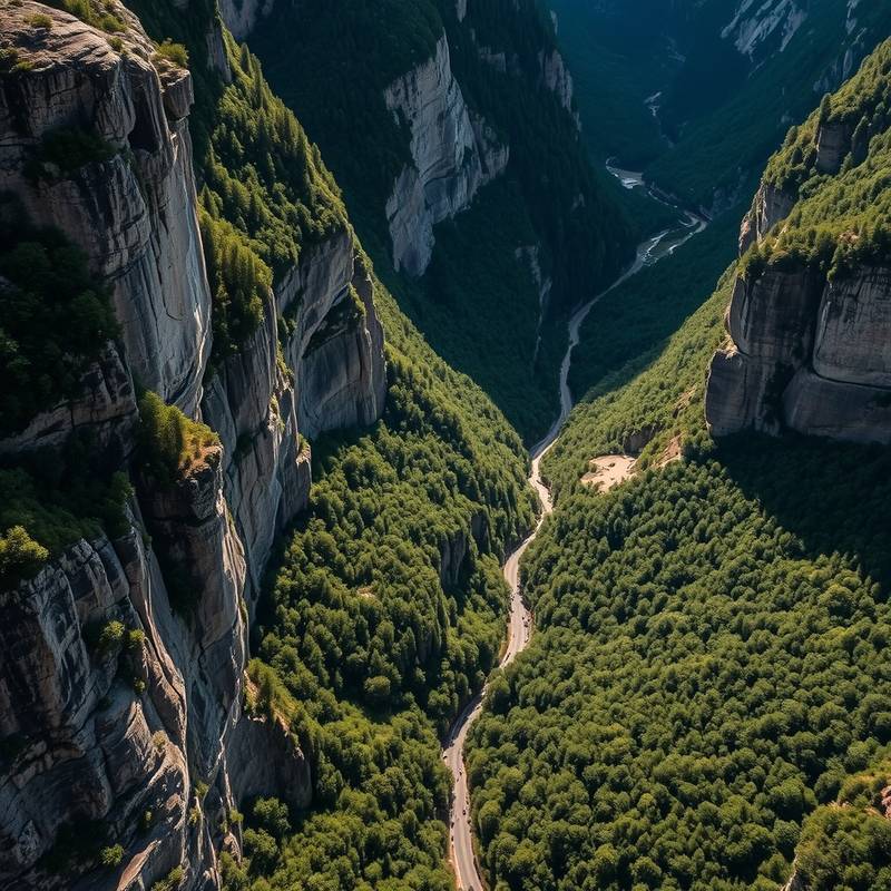 Vista aérea del Parque Nacional de Ordesa y Monte Perdido, mostrando cañones y bosques frondosos.
