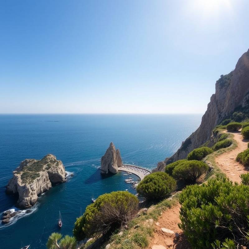Vista panorámica de la Costa Brava desde un sendero costero, mostrando acantilados, calas y el mar Mediterráneo.